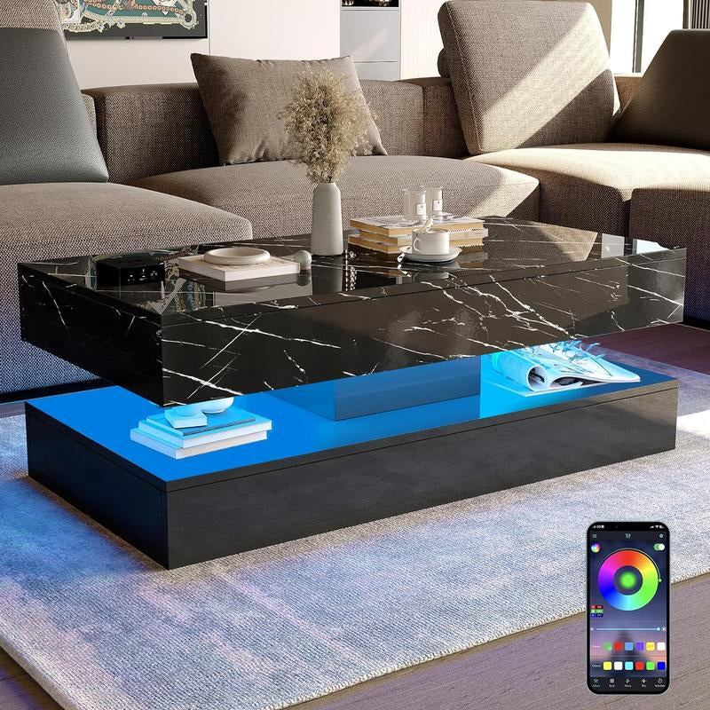 LED Coffee Table with 2 Storage Drawers, Modern High Gloss White Coffee Table W/20 Colors LED Lights, 2 Tiers Rectangle Center Table for Living Room with Marbling Print, APP Control, White
