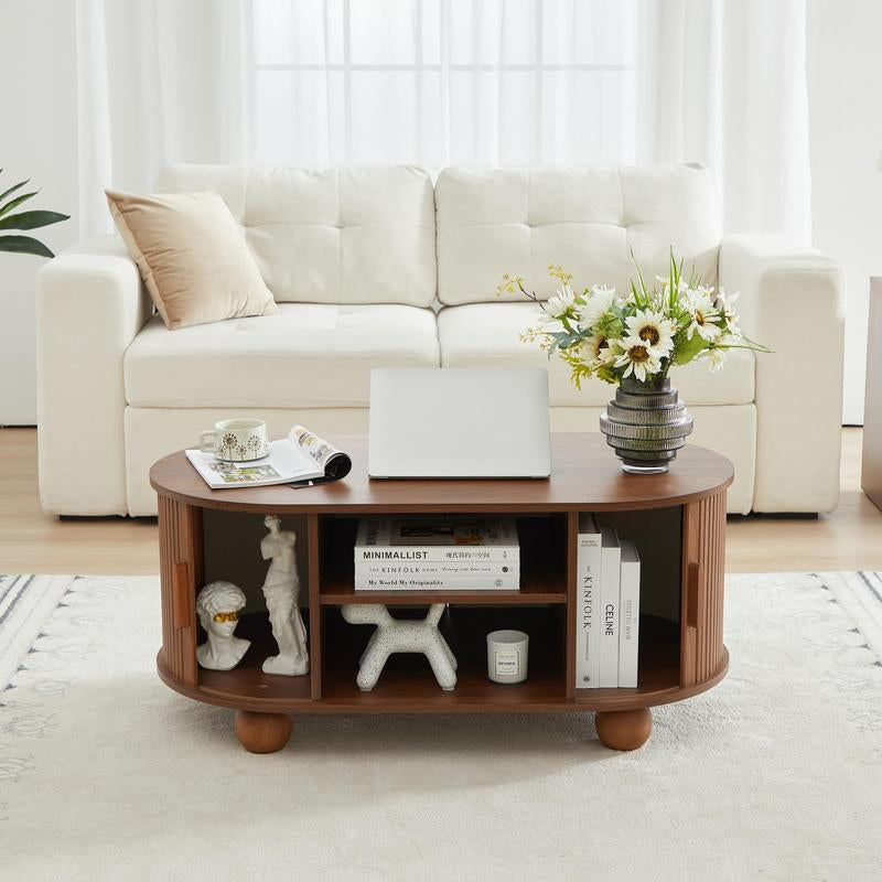 Giratree Rectangle Coffee Table, Mid-Century Modern Coffee Table with Storage & Sliding Doors, Fluted Coffee Table Center Table for Living Room, Dining Room, Apartment, Home Office