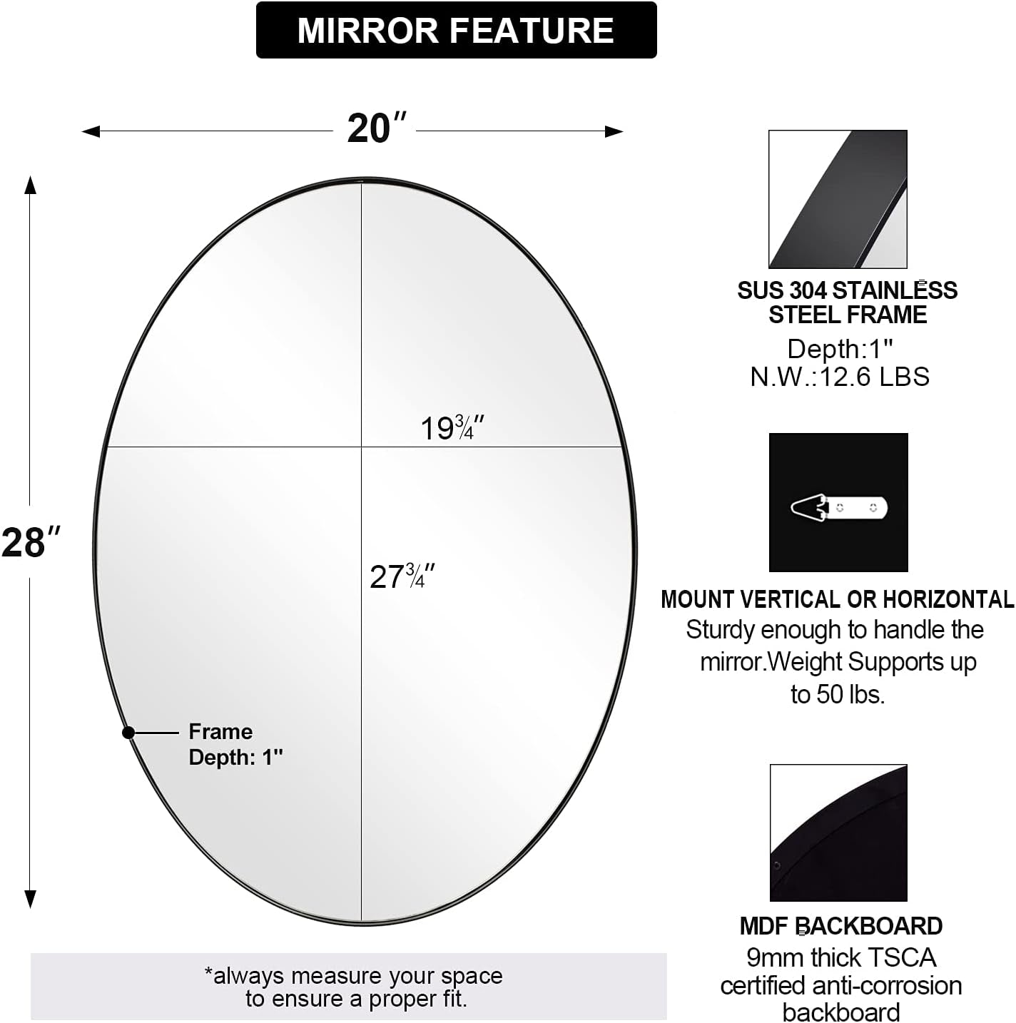 Oval Bathroom Mirror, Black Oval Mirror for Bathroom, Oval Vanity Mirror for Bathroom, 20X28’’ Oval Wall Mirror Pill Shaped Mirror Stainless Steel Frame Wall Mount Horizontal or Vertical