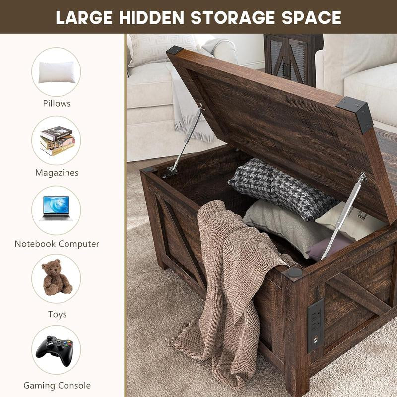 Farmhouse Lift Top Coffee Table with Storage, Wood Square Center Table with Charging Station&Usb Ports, Living Room Central Table W/Large Hidden Space, for Living Room, Bedroom, Home Office