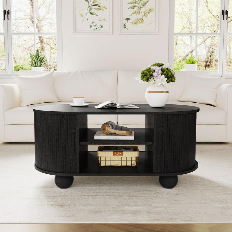 Giratree Rectangle Coffee Table, Mid-Century Modern Coffee Table with Storage & Sliding Doors, Fluted Coffee Table Center Table for Living Room, Dining Room, Apartment, Home Office
