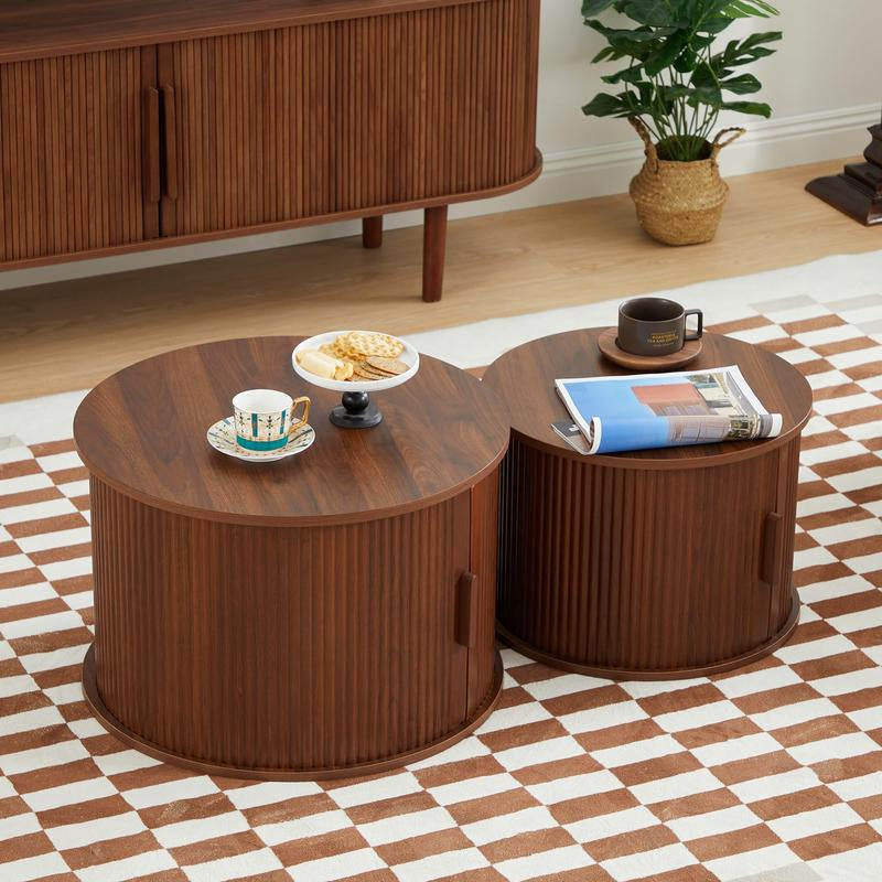 Giratree Coffee Table, Modern round Coffee Table Set of 2 with Storage Compartment and Sliding Door, Side End Accent Table for Living Room, Bedroom, Apartment