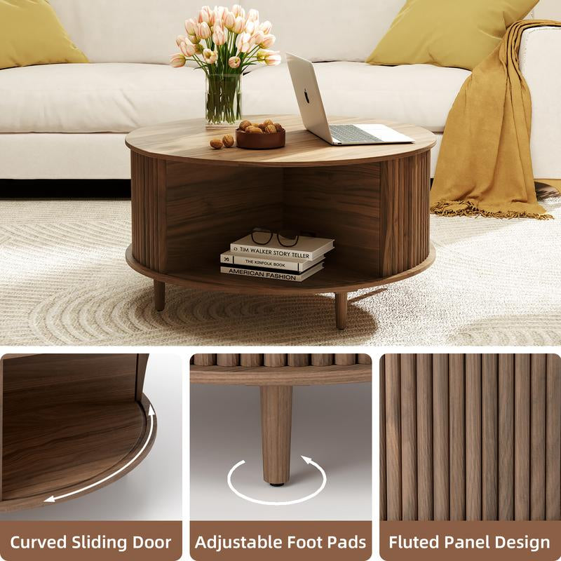 Mid-Century Modern Coffee Table with Storage - 31.5" Walnut Sliding Door Center Table for Small Spaces
