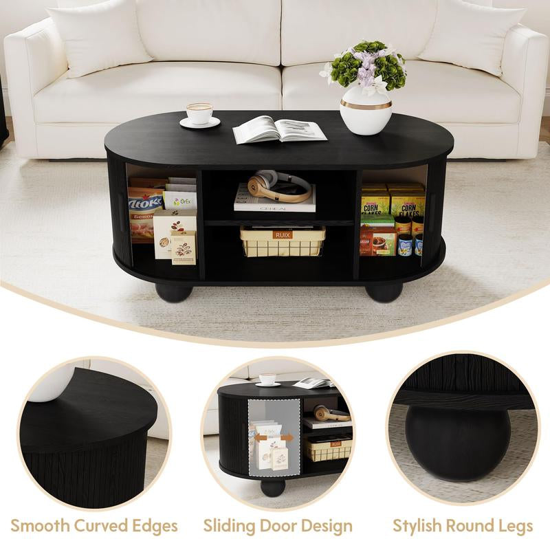 Giratree Rectangle Coffee Table, Mid-Century Modern Coffee Table with Storage & Sliding Doors, Fluted Coffee Table Center Table for Living Room, Dining Room, Apartment, Home Office