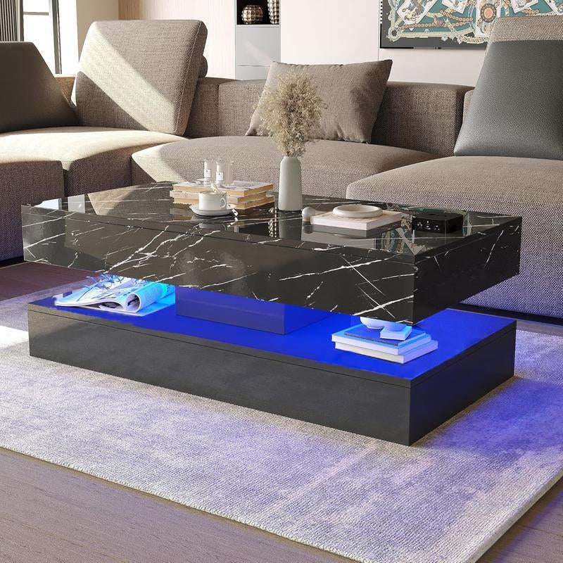 LED Coffee Table with 2 Storage Drawers, Modern High Gloss White Coffee Table W/20 Colors LED Lights, 2 Tiers Rectangle Center Table for Living Room with Marbling Print, APP Control, White