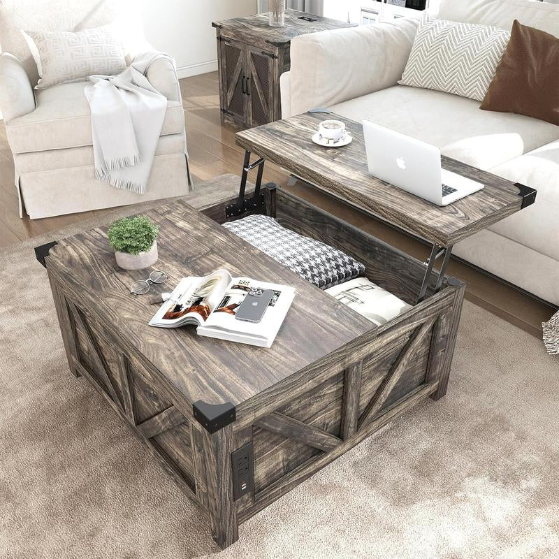 Farmhouse Lift Top Coffee Table with Storage, Wood Square Center Table with Charging Station&Usb Ports, Living Room Central Table W/Large Hidden Space, for Living Room, Bedroom, Home Office