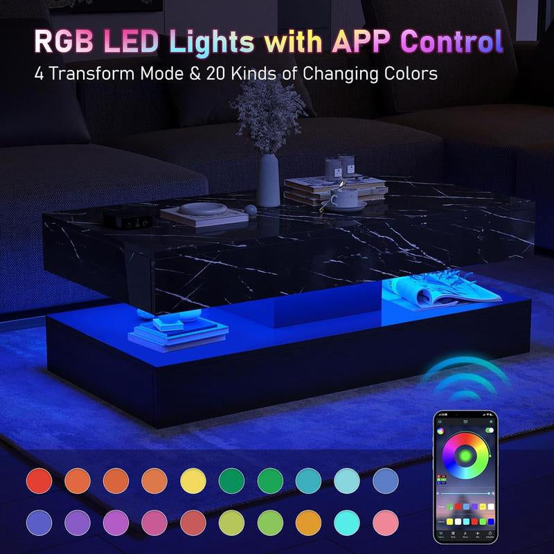 LED Coffee Table with 2 Storage Drawers, Modern High Gloss White Coffee Table W/20 Colors LED Lights, 2 Tiers Rectangle Center Table for Living Room with Marbling Print, APP Control, White