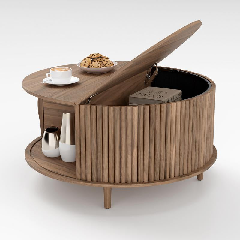 Mid-Century Modern Coffee Table with Storage - 31.5" Walnut Sliding Door Center Table for Small Spaces