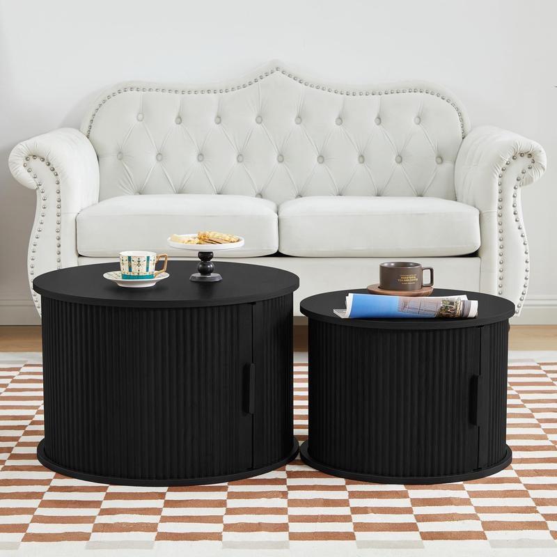 Giratree Coffee Table, Modern round Coffee Table Set of 2 with Storage Compartment and Sliding Door, Side End Accent Table for Living Room, Bedroom, Apartment