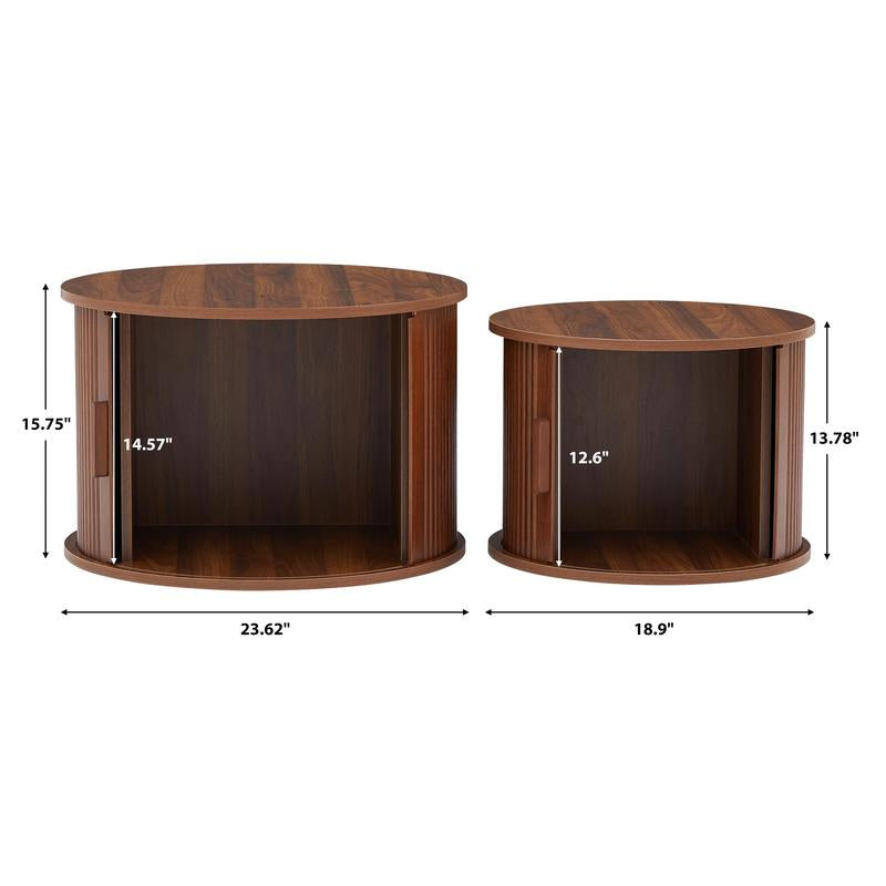 Giratree Coffee Table, Modern round Coffee Table Set of 2 with Storage Compartment and Sliding Door, Side End Accent Table for Living Room, Bedroom, Apartment