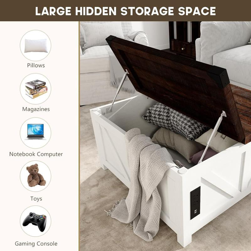 Farmhouse Lift Top Coffee Table with Storage, Wood Square Center Table with Charging Station&Usb Ports, Living Room Central Table W/Large Hidden Space, for Living Room, Bedroom, Home Office
