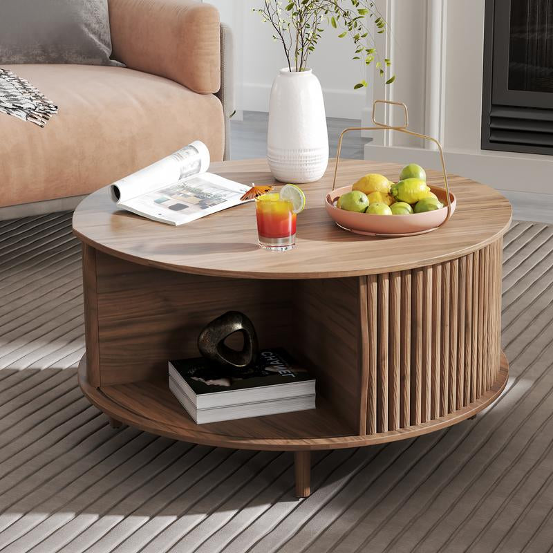 Mid-Century Modern Coffee Table with Storage - 31.5" Walnut Sliding Door Center Table for Small Spaces