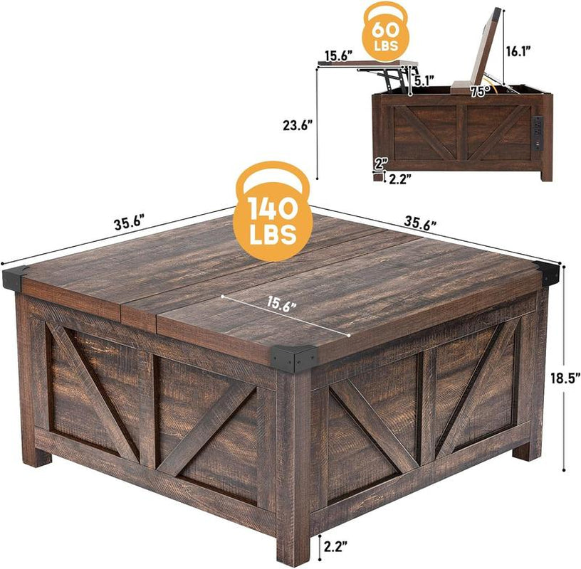 Farmhouse Lift Top Coffee Table with Storage, Wood Square Center Table with Charging Station&Usb Ports, Living Room Central Table W/Large Hidden Space, for Living Room, Bedroom, Home Office