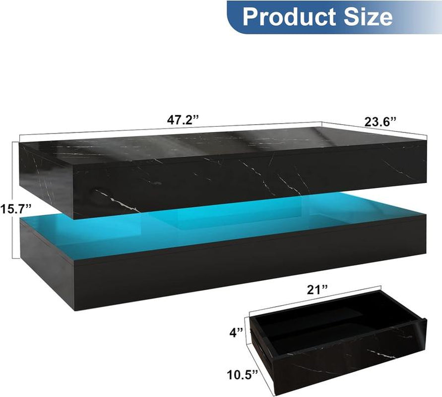 LED Coffee Table with 2 Storage Drawers, Modern High Gloss White Coffee Table W/20 Colors LED Lights, 2 Tiers Rectangle Center Table for Living Room with Marbling Print, APP Control, White