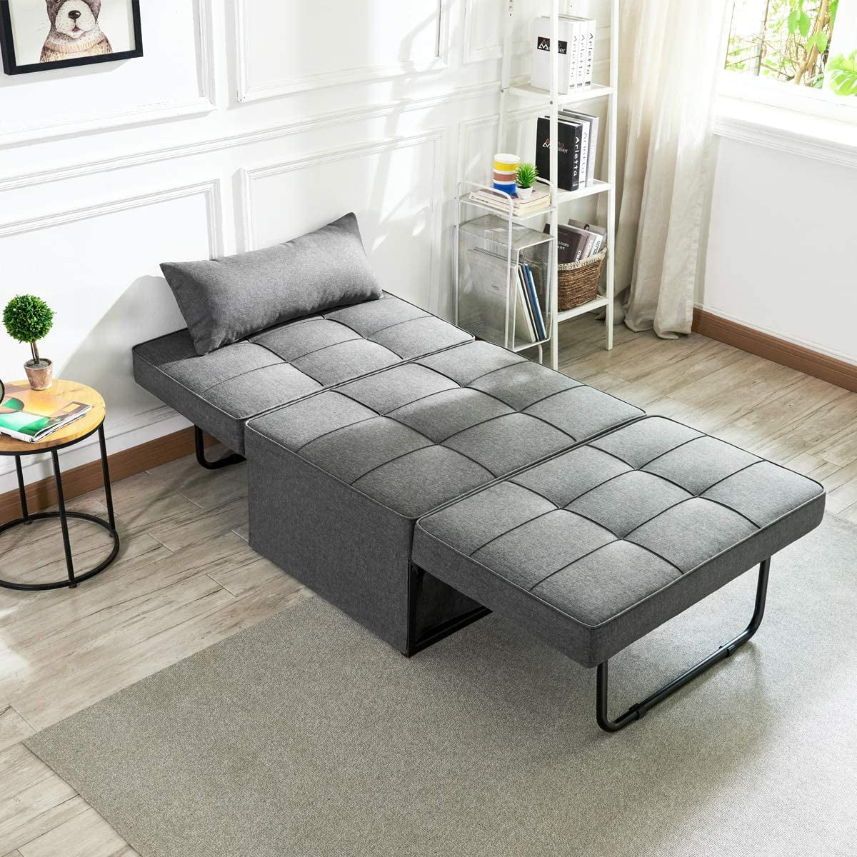 Sofa Bed, Convertible Chair 4 in 1 Multi-Function Folding Ottoman Modern Breathable Linen Guest Bed with Adjustable Sleeper for Small Room Apartment, Dark Gray