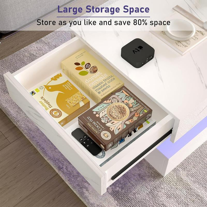 LED Coffee Table with 2 Storage Drawers, Modern High Gloss White Coffee Table W/20 Colors LED Lights, 2 Tiers Rectangle Center Table for Living Room with Marbling Print, APP Control, White
