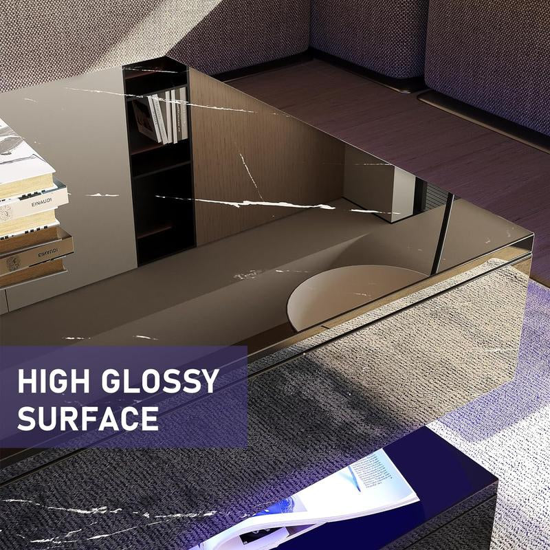 LED Coffee Table with 2 Storage Drawers, Modern High Gloss White Coffee Table W/20 Colors LED Lights, 2 Tiers Rectangle Center Table for Living Room with Marbling Print, APP Control, White