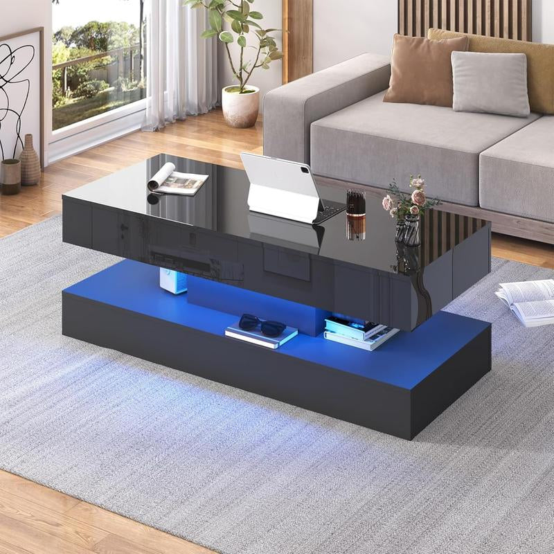 LED Coffee Table with 2 Storage Drawers, Modern High Gloss White Coffee Table W/20 Colors LED Lights, 2 Tiers Rectangle Center Table for Living Room with Marbling Print, APP Control, White
