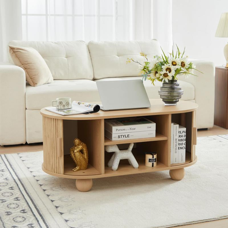 Giratree Rectangle Coffee Table, Mid-Century Modern Coffee Table with Storage & Sliding Doors, Fluted Coffee Table Center Table for Living Room, Dining Room, Apartment, Home Office