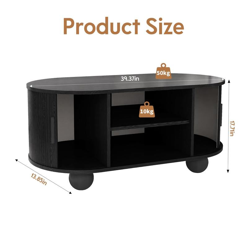 Giratree Rectangle Coffee Table, Mid-Century Modern Coffee Table with Storage & Sliding Doors, Fluted Coffee Table Center Table for Living Room, Dining Room, Apartment, Home Office