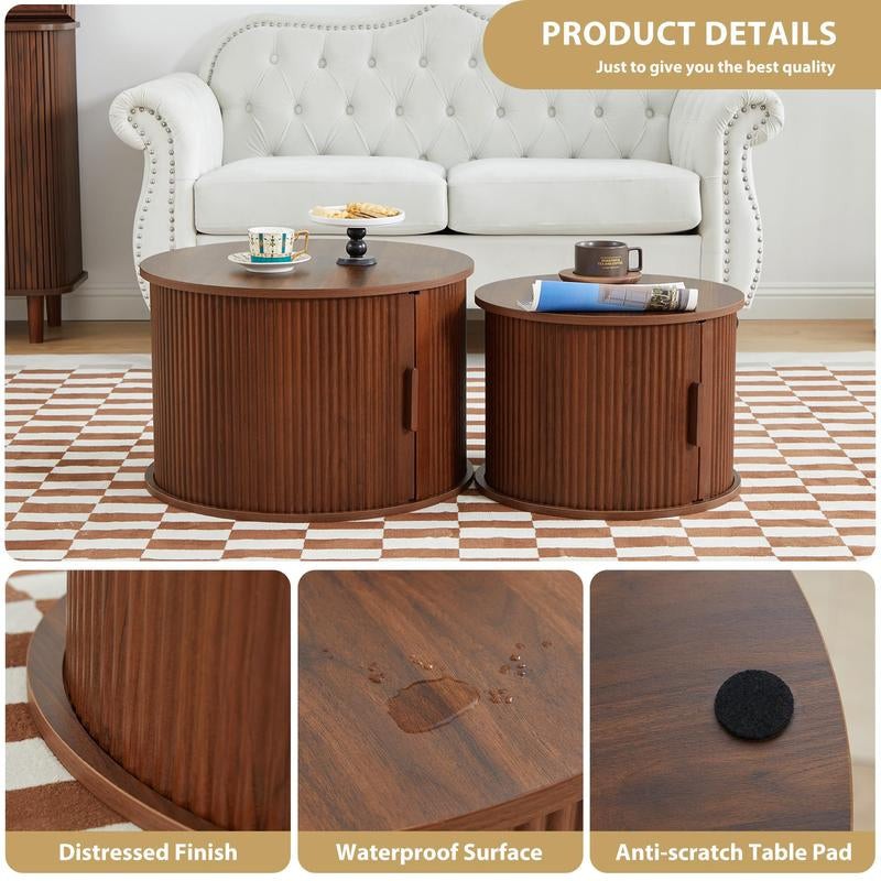 Giratree Coffee Table, Modern round Coffee Table Set of 2 with Storage Compartment and Sliding Door, Side End Accent Table for Living Room, Bedroom, Apartment
