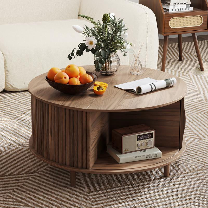 Mid-Century Modern Coffee Table with Storage - 31.5" Walnut Sliding Door Center Table for Small Spaces