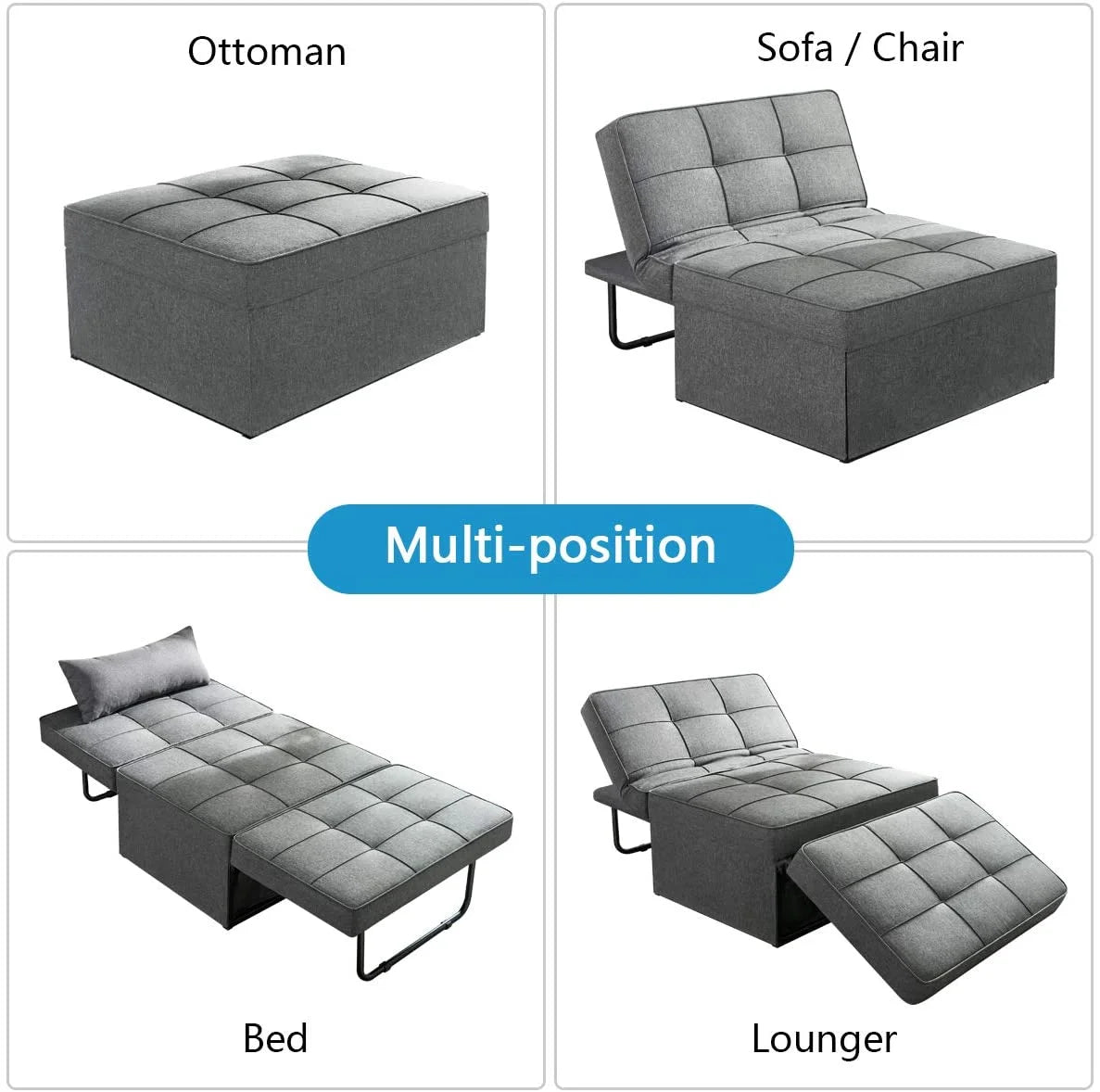Sofa Bed, Convertible Chair 4 in 1 Multi-Function Folding Ottoman Modern Breathable Linen Guest Bed with Adjustable Sleeper for Small Room Apartment, Dark Gray