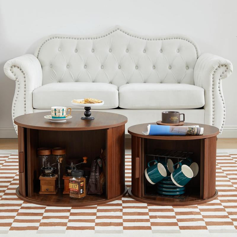 Giratree Coffee Table, Modern round Coffee Table Set of 2 with Storage Compartment and Sliding Door, Side End Accent Table for Living Room, Bedroom, Apartment