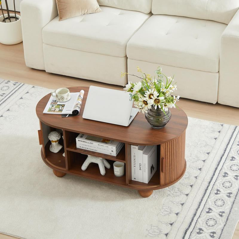 Giratree Rectangle Coffee Table, Mid-Century Modern Coffee Table with Storage & Sliding Doors, Fluted Coffee Table Center Table for Living Room, Dining Room, Apartment, Home Office