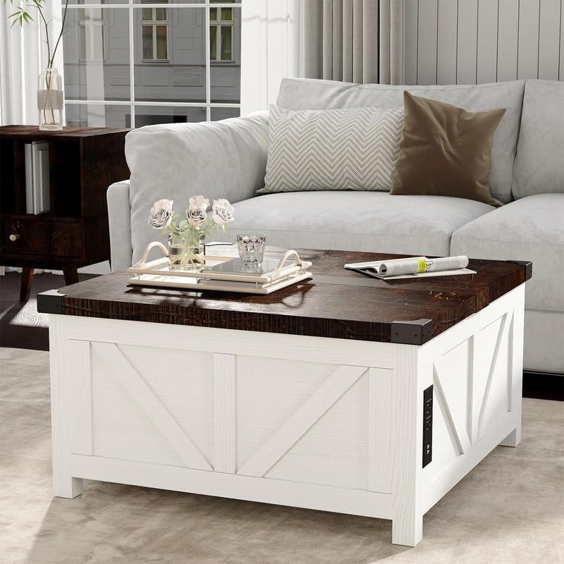 Farmhouse Lift Top Coffee Table with Storage, Wood Square Center Table with Charging Station&Usb Ports, Living Room Central Table W/Large Hidden Space, for Living Room, Bedroom, Home Office