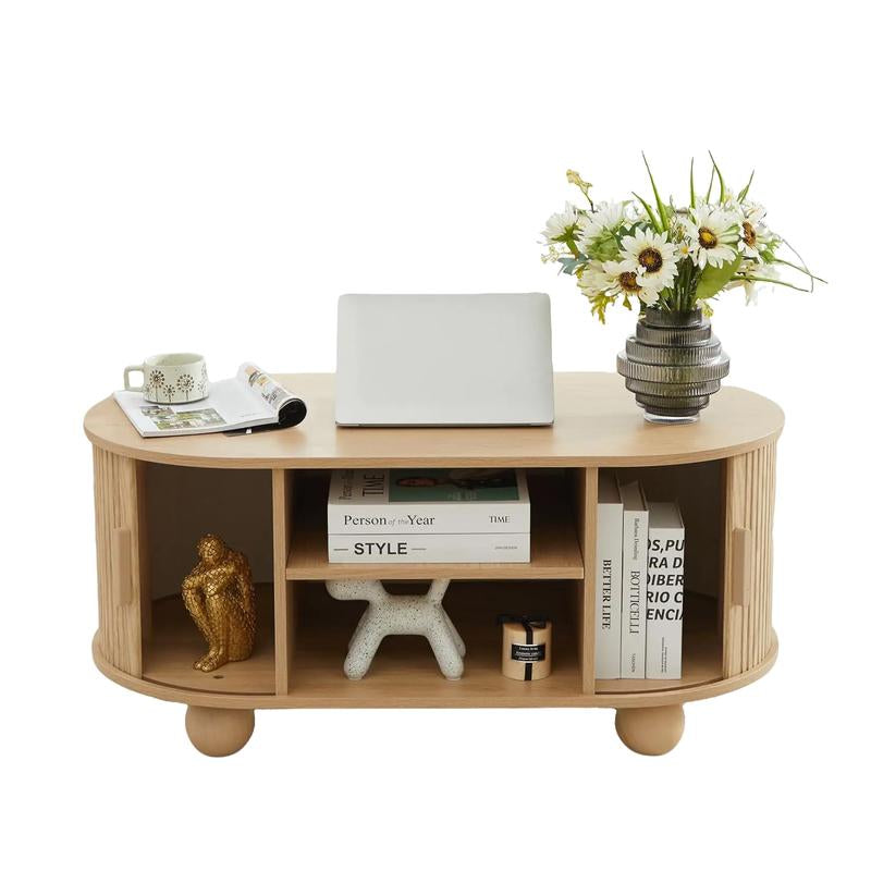 Giratree Rectangle Coffee Table, Mid-Century Modern Coffee Table with Storage & Sliding Doors, Fluted Coffee Table Center Table for Living Room, Dining Room, Apartment, Home Office
