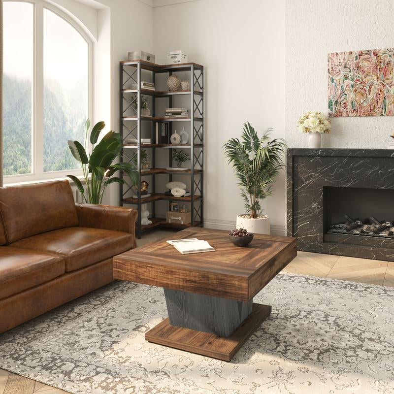 Tribesigns Square Coffee Table, Rustic Brown & Black Modern Center Table with Adjustable Foot Pads for Happy Hours, Living Room, Cocktail Tea Table, and Decorative Items