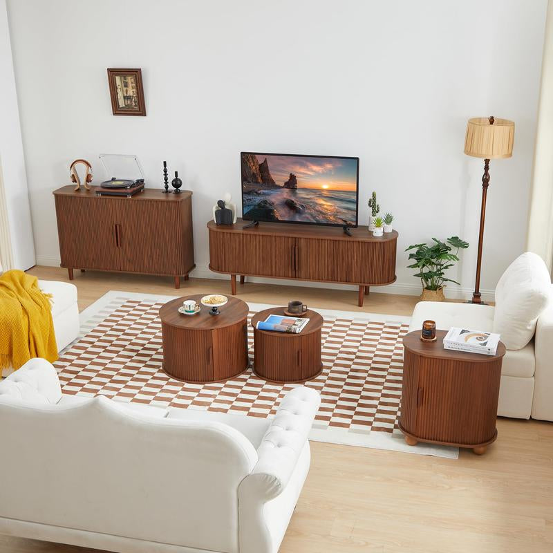 Giratree Coffee Table, Modern round Coffee Table Set of 2 with Storage Compartment and Sliding Door, Side End Accent Table for Living Room, Bedroom, Apartment