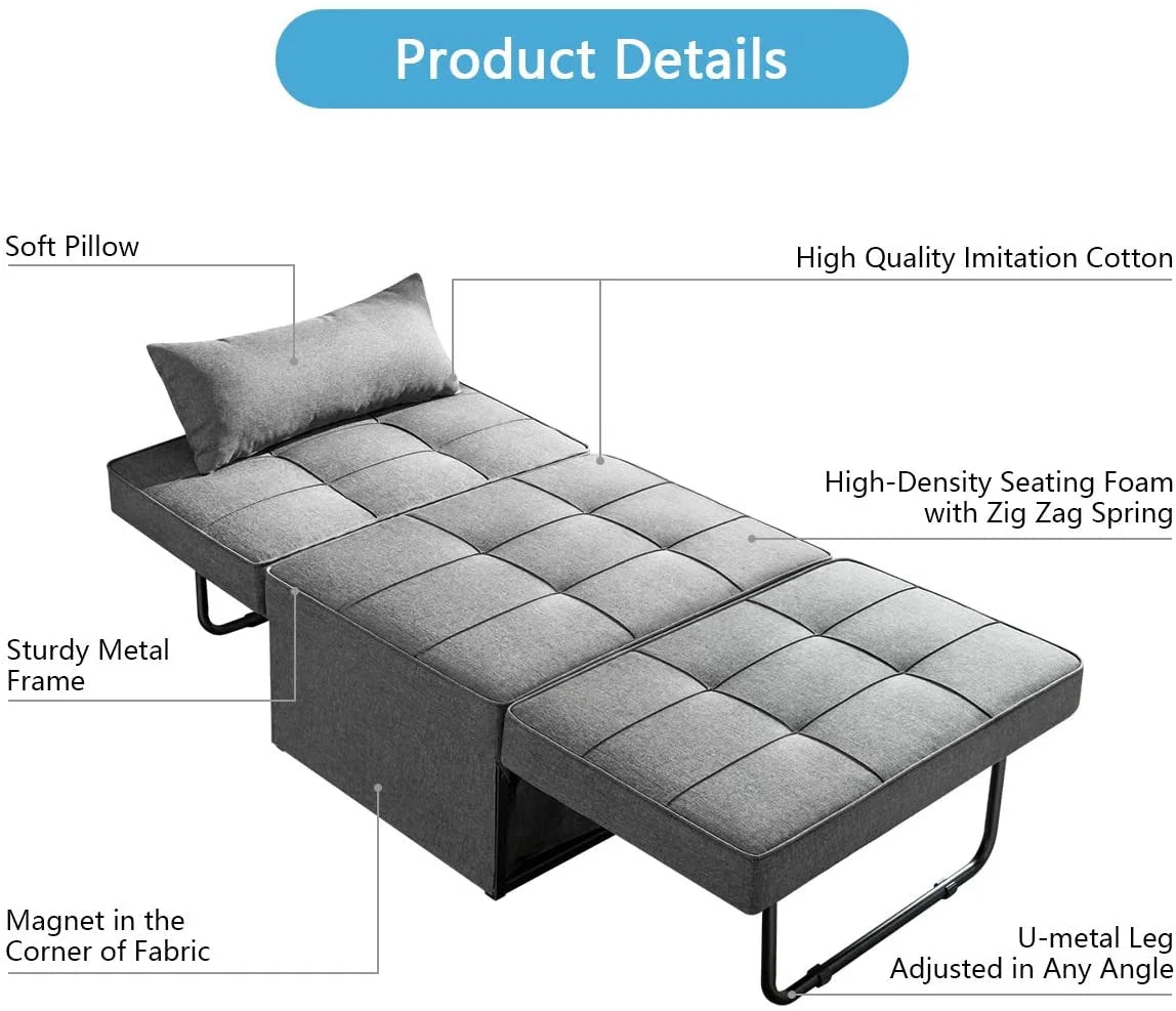 Sofa Bed, Convertible Chair 4 in 1 Multi-Function Folding Ottoman Modern Breathable Linen Guest Bed with Adjustable Sleeper for Small Room Apartment, Dark Gray