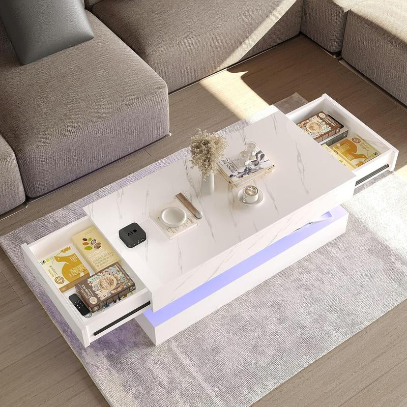 LED Coffee Table with 2 Storage Drawers, Modern High Gloss White Coffee Table W/20 Colors LED Lights, 2 Tiers Rectangle Center Table for Living Room with Marbling Print, APP Control, White