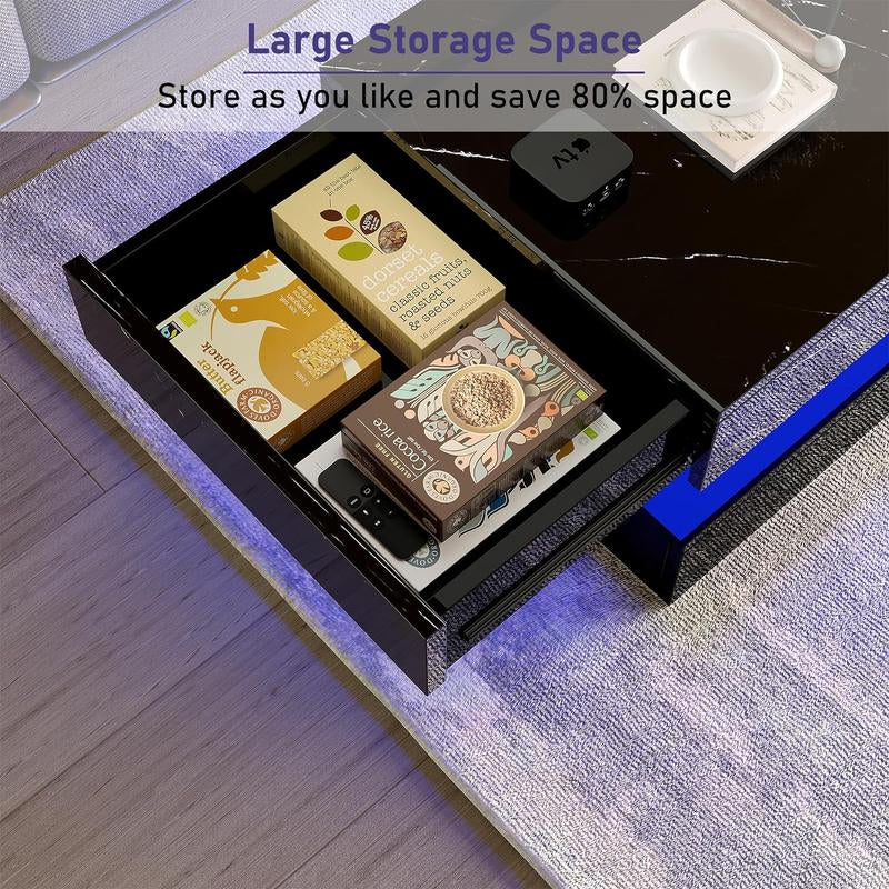LED Coffee Table with 2 Storage Drawers, Modern High Gloss White Coffee Table W/20 Colors LED Lights, 2 Tiers Rectangle Center Table for Living Room with Marbling Print, APP Control, White