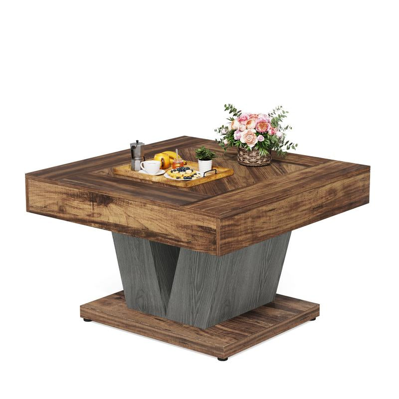 Tribesigns Square Coffee Table, Rustic Brown & Black Modern Center Table with Adjustable Foot Pads for Happy Hours, Living Room, Cocktail Tea Table, and Decorative Items