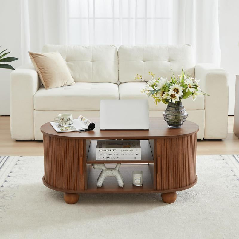 Giratree Rectangle Coffee Table, Mid-Century Modern Coffee Table with Storage & Sliding Doors, Fluted Coffee Table Center Table for Living Room, Dining Room, Apartment, Home Office