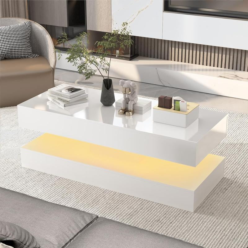 LED Coffee Table with 2 Storage Drawers, Modern High Gloss White Coffee Table W/20 Colors LED Lights, 2 Tiers Rectangle Center Table for Living Room with Marbling Print, APP Control, White
