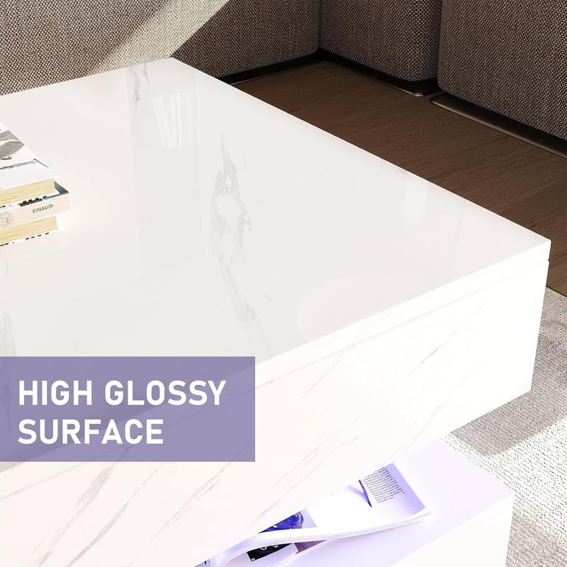 LED Coffee Table with 2 Storage Drawers, Modern High Gloss White Coffee Table W/20 Colors LED Lights, 2 Tiers Rectangle Center Table for Living Room with Marbling Print, APP Control, White