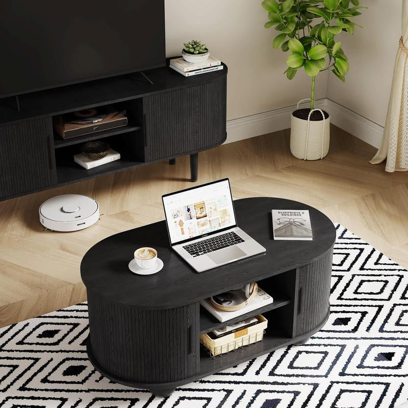 Giratree Rectangle Coffee Table, Mid-Century Modern Coffee Table with Storage & Sliding Doors, Fluted Coffee Table Center Table for Living Room, Dining Room, Apartment, Home Office