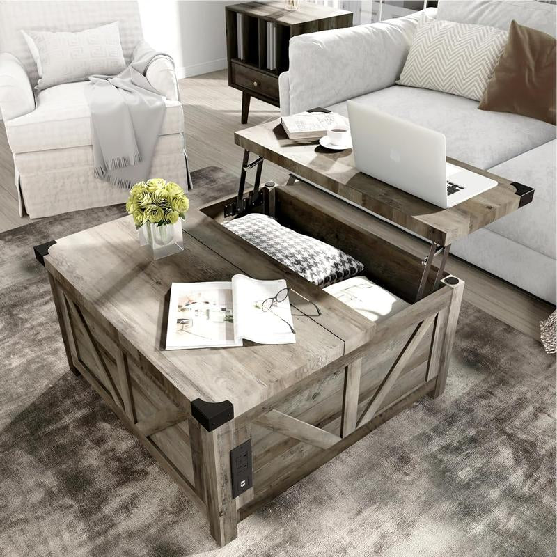 Farmhouse Lift Top Coffee Table with Storage, Wood Square Center Table with Charging Station&Usb Ports, Living Room Central Table W/Large Hidden Space, for Living Room, Bedroom, Home Office