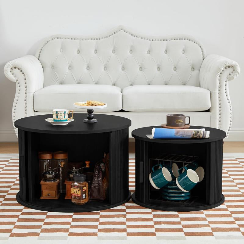 Giratree Coffee Table, Modern round Coffee Table Set of 2 with Storage Compartment and Sliding Door, Side End Accent Table for Living Room, Bedroom, Apartment