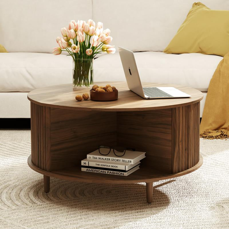 Mid-Century Modern Coffee Table with Storage - 31.5" Walnut Sliding Door Center Table for Small Spaces