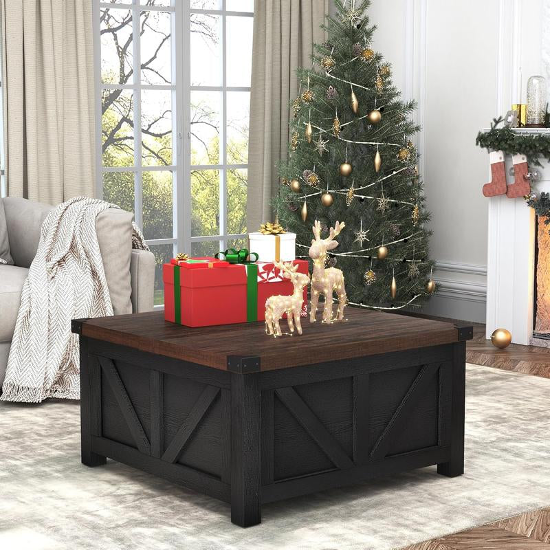 Farmhouse Lift Top Coffee Table with Storage, Wood Square Center Table with Charging Station&Usb Ports, Living Room Central Table W/Large Hidden Space, for Living Room, Bedroom, Home Office