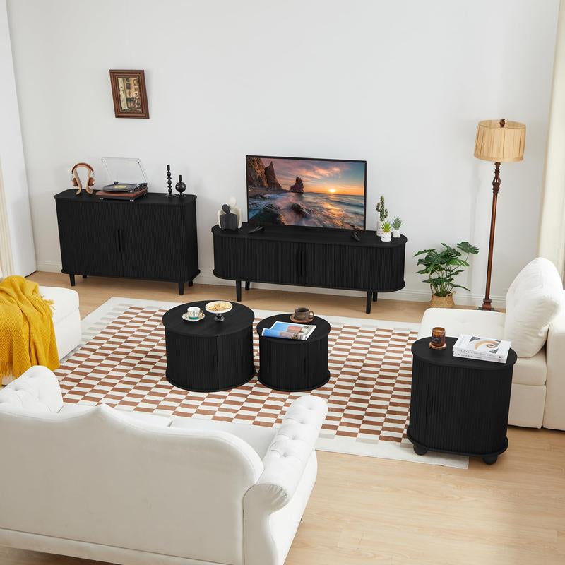 Giratree Coffee Table, Modern round Coffee Table Set of 2 with Storage Compartment and Sliding Door, Side End Accent Table for Living Room, Bedroom, Apartment