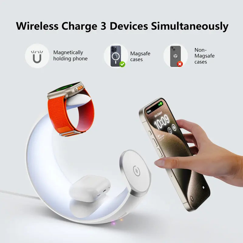 "The ultimate all-in-one Mag-Safe wireless charger for Apple devices! 📱⌚️🎧 #WirelessCharging #Apple #Tech"