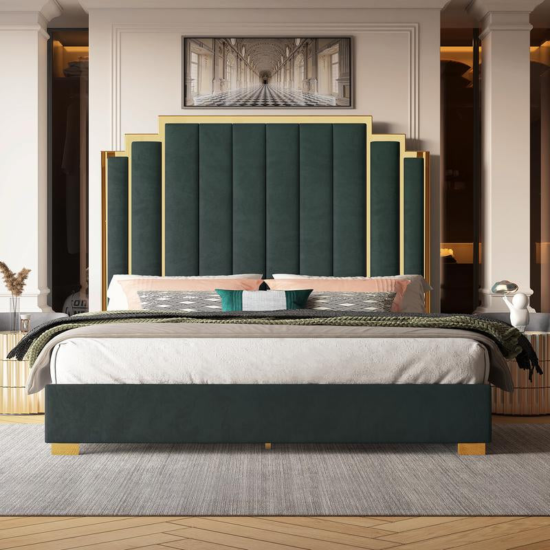 AMERLIFE Bed Frame with 65" Headboard, Upholstered Platform Bed with Golden Plating Trim, Modern Luxury Bed Frame, No Box Spring Needed/No Mattress/Queen/King//Unique Bedroom Furniture