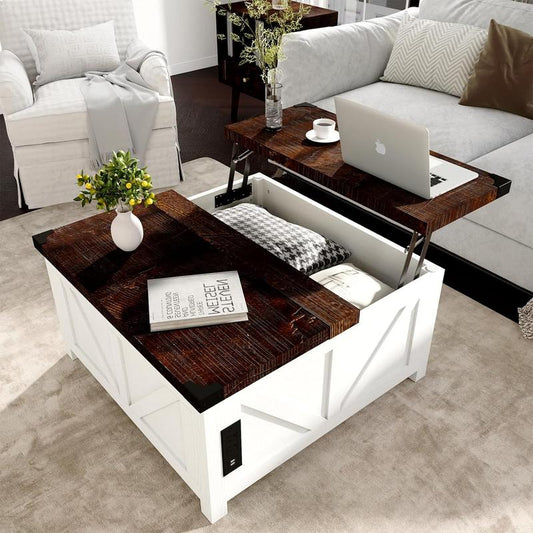 Farmhouse Lift Top Coffee Table with Storage, Wood Square Center Table with Charging Station&Usb Ports, Living Room Central Table W/Large Hidden Space, for Living Room, Bedroom, Home Office