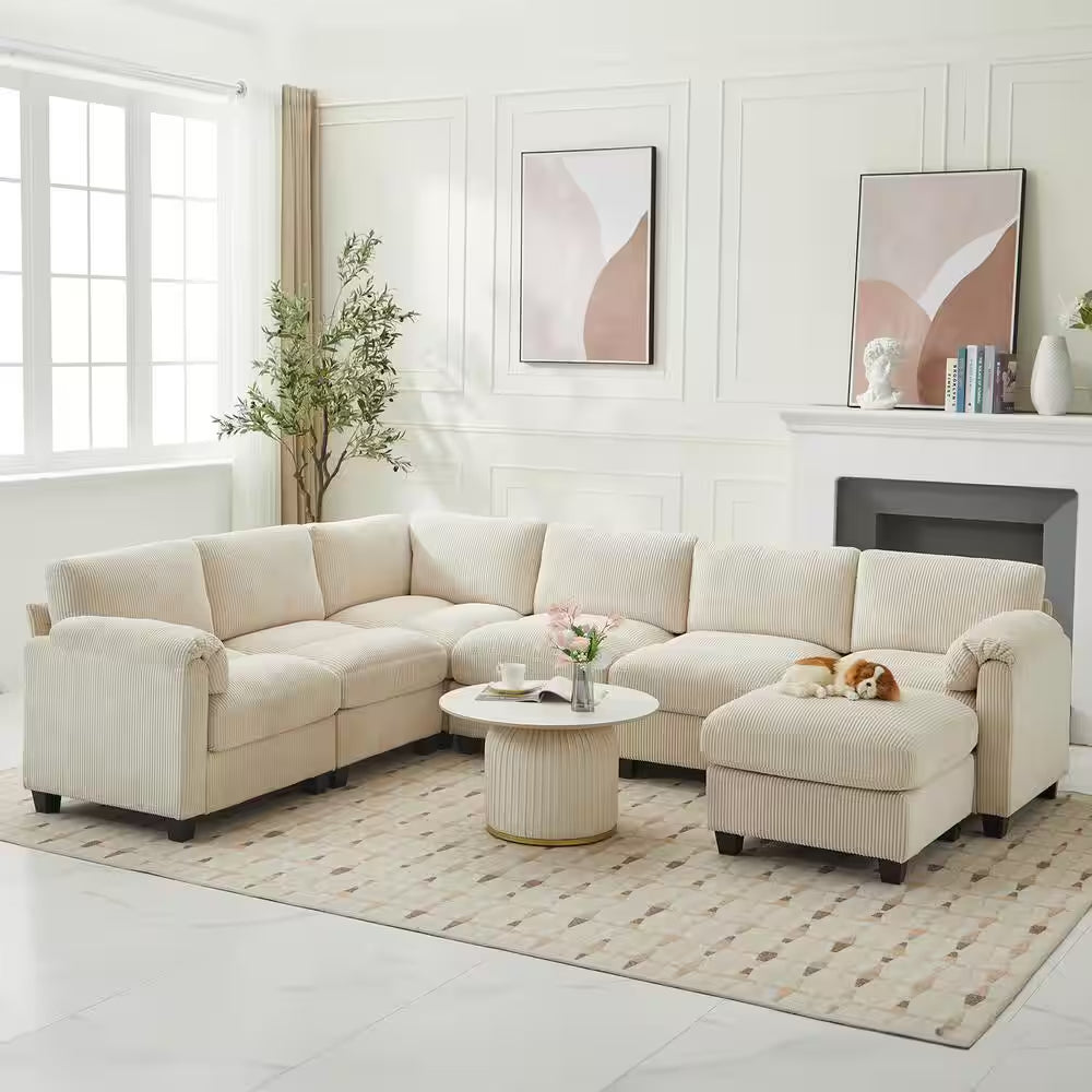 115 In. Corduroy Modular L-Shaped Beige 7-Seat Sectional Sofa for Living Room and Spacious Space
